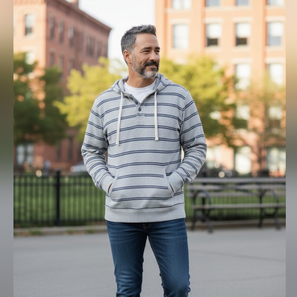 Ruff‎ Hewn Striped Hoodie Men L Gray Waffle Knit Hooded Pullover NWTCategory
